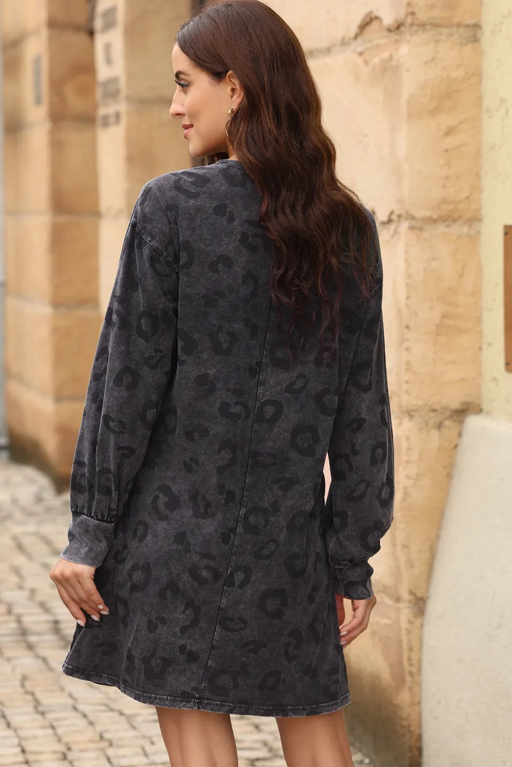 Trendy Leopard Print Long Sleeve Dress - Comfortable 100% Cotton, Slightly Stretchy, Opaque Style