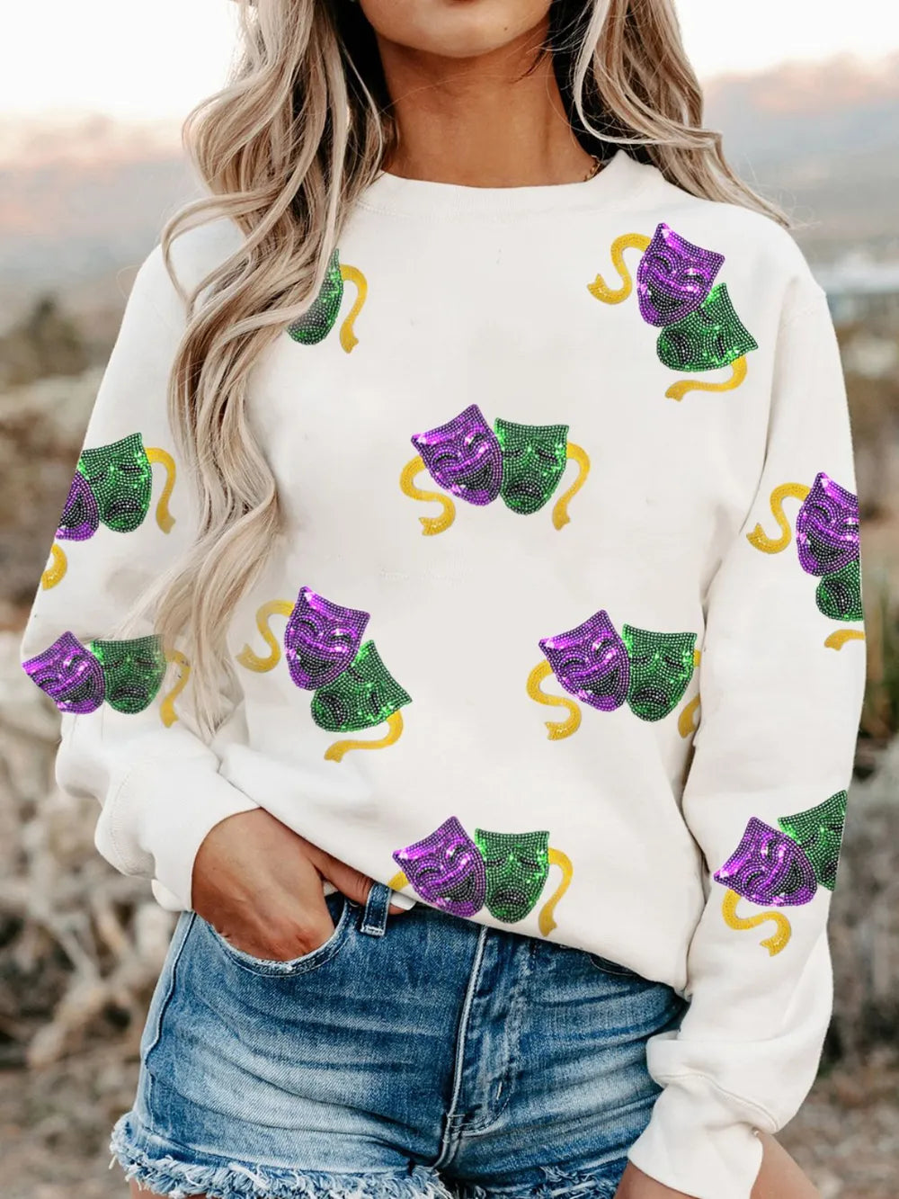 Stylish Sequin Round Neck Long Sleeve Sweatshirt - Slightly Stretchy, Comfortable Fit