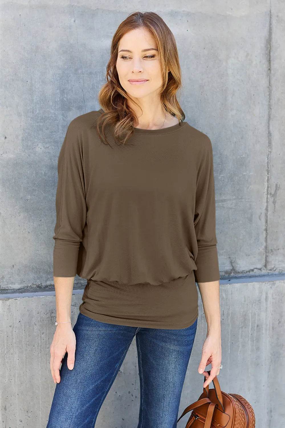 Basic Bae Full Size Round Neck Batwing Sleeve Top - Soft Stretch Rayon Blend, Opaque Design