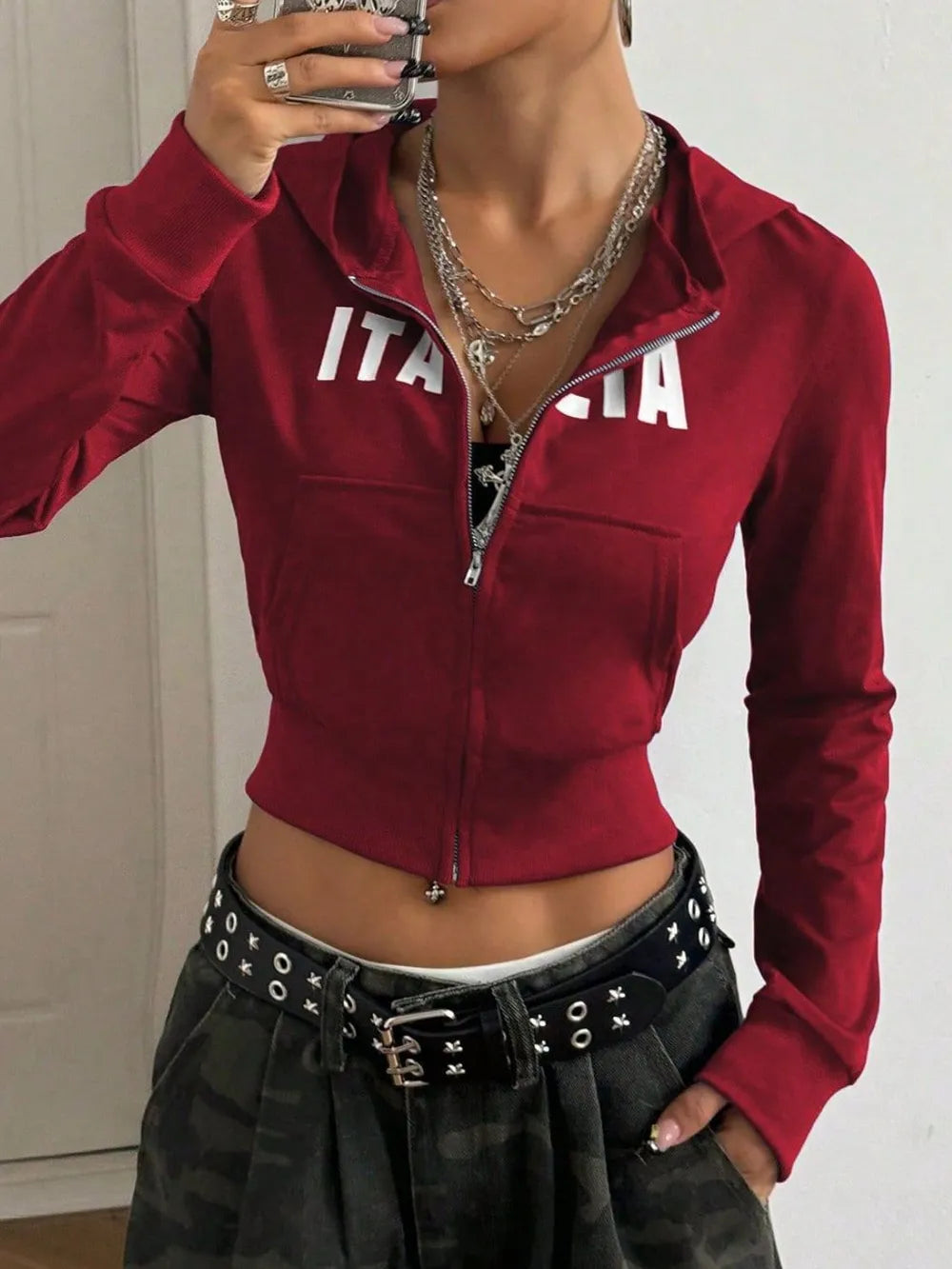 Trendy Letter Graphic Zip-Up Hoodie with Pockets - Opaque, Stretchy, and Comfortable