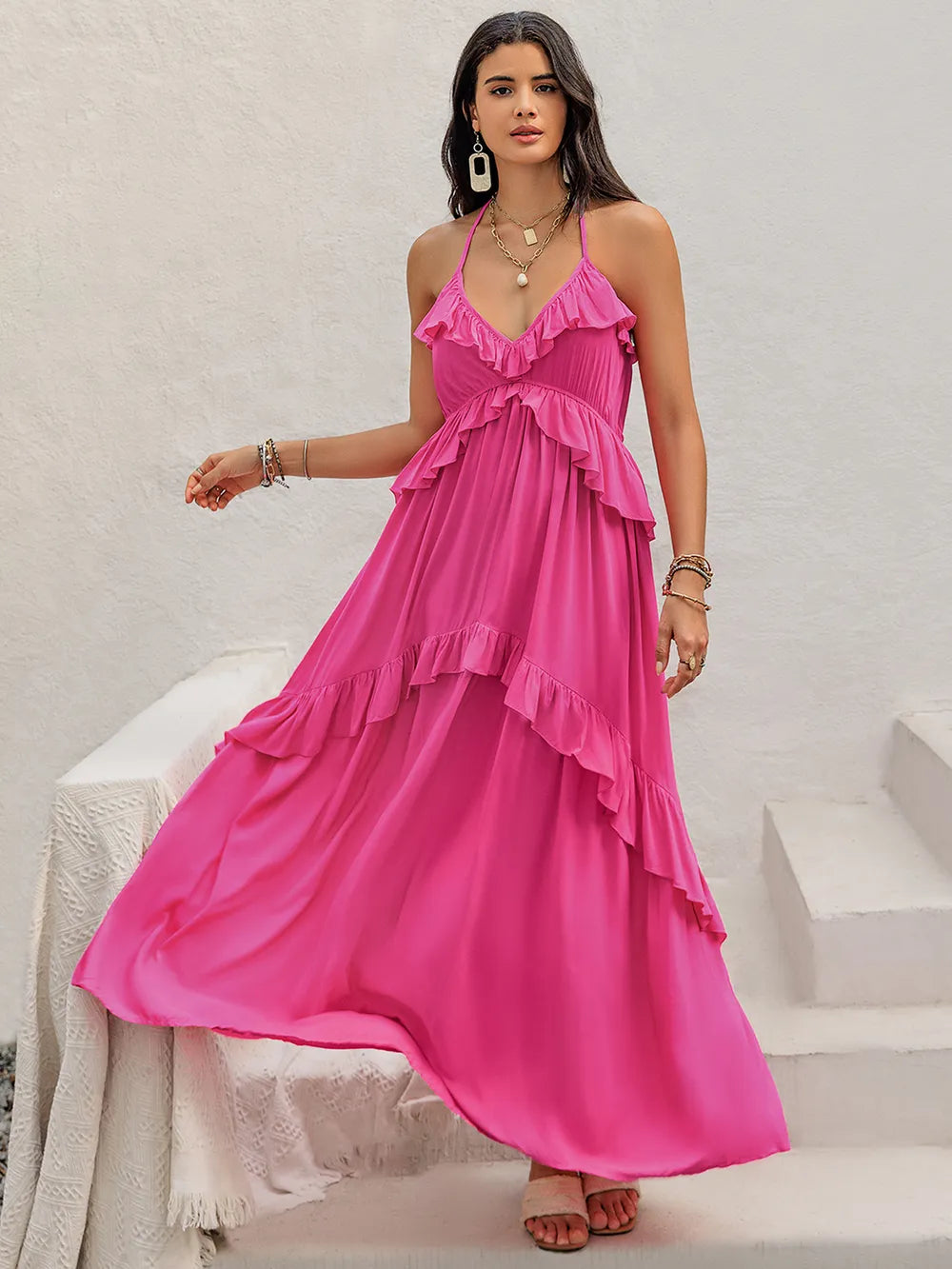 Ruffled Halter Neck Maxi Dress in 100% Viscose - Elegant, Opaque & Non-Stretch Design