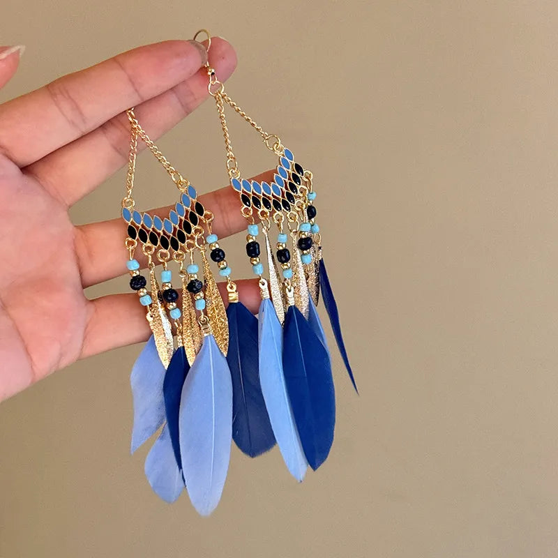 Trendy Alloy Rice Bead Dangle Earrings with Feathers - 5.6 Inch Length, Lightweight Design
