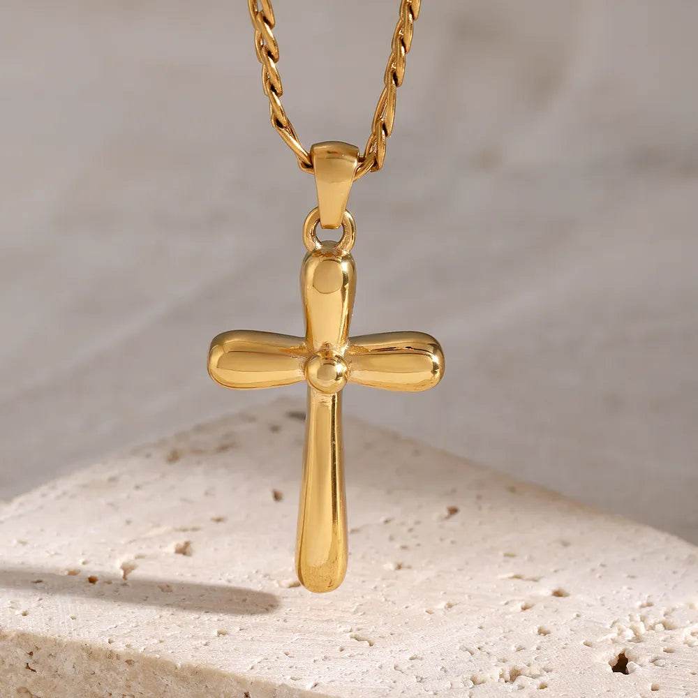 18K Gold-Plated Stainless Steel Cross Necklace - 19.7 In Chain with Extension, Modern Design