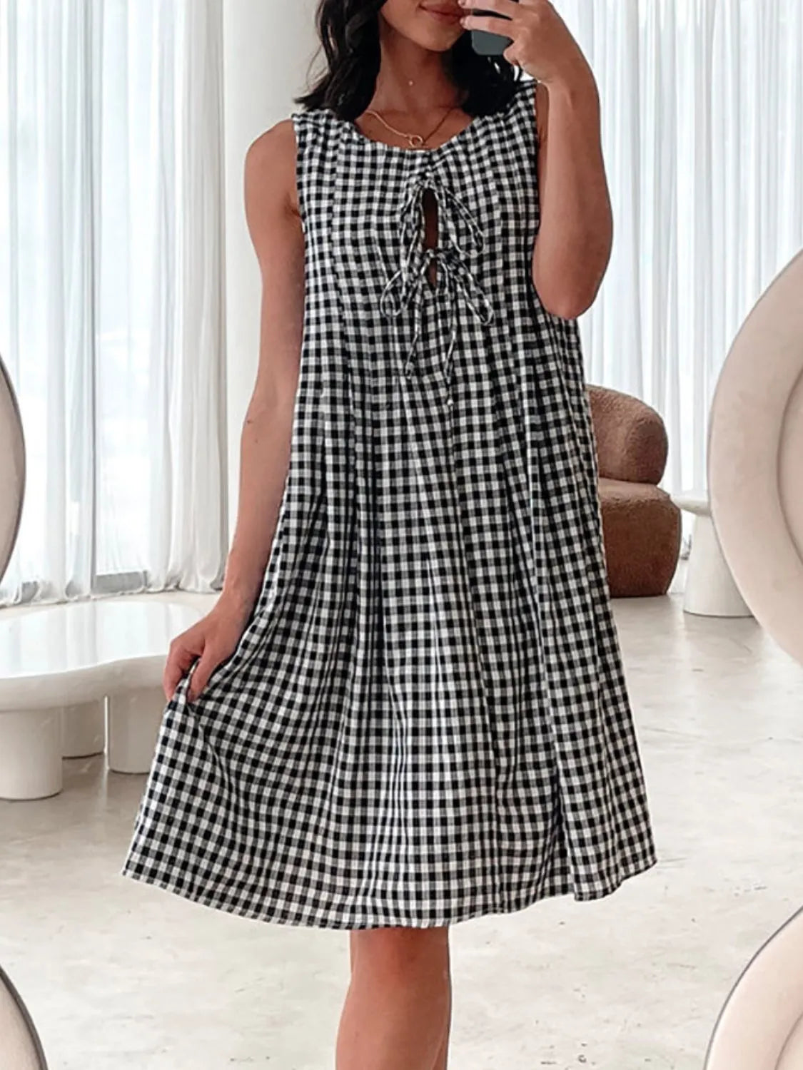 Tied Front Sleeveless Plaid Dress