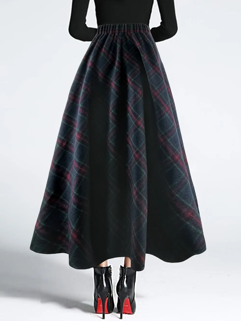 Trendy Plaid Elastic Waist Midi Skirt - Opaque, Comfortable Fit, 95% Polyester, 5% Spandex