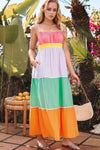 Color Block Flowy Tiered Maxi Dress with Pockets Multicolor
