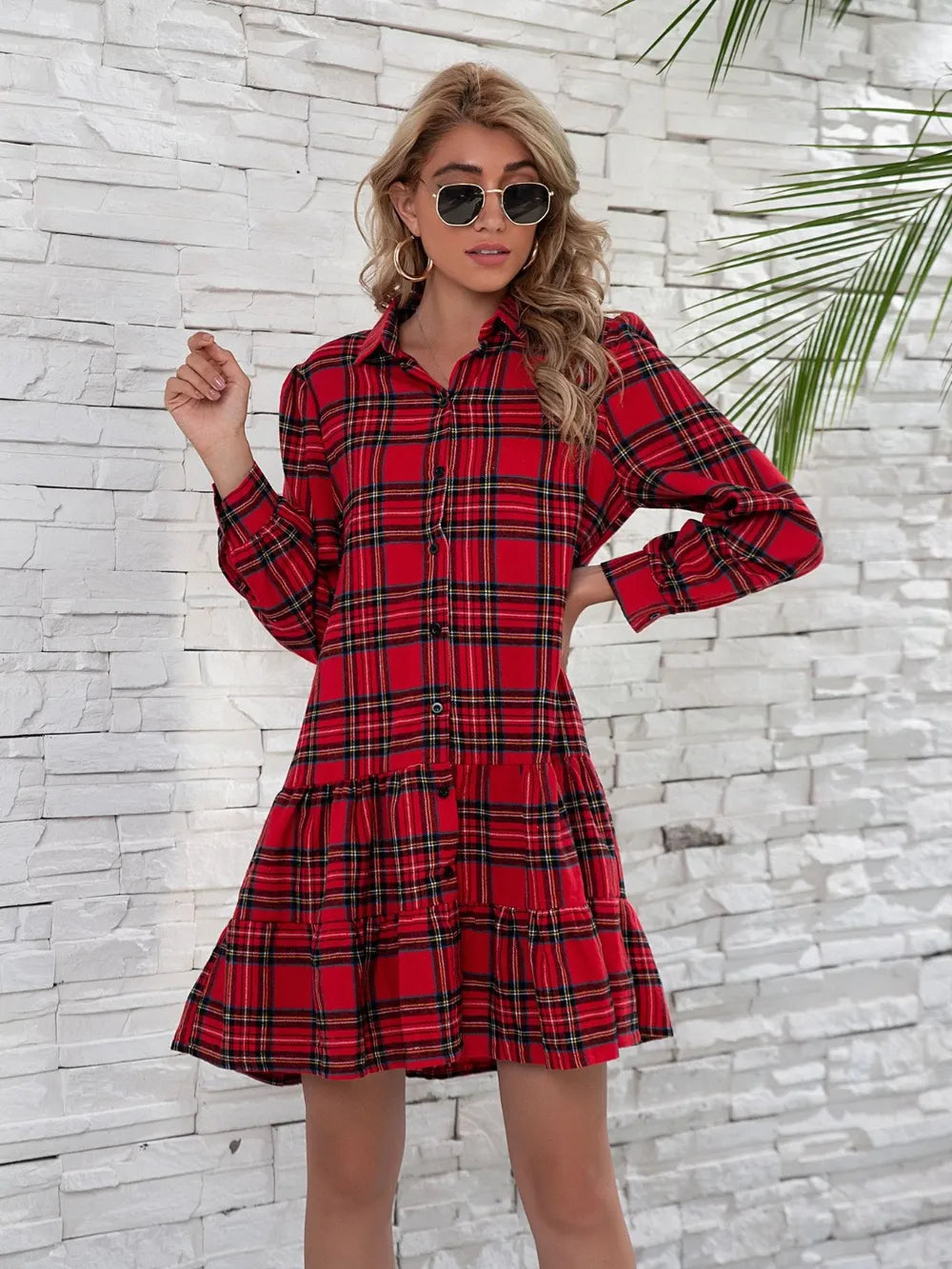 Plaid Button Down Long Sleeve Dress with Ruffle Hem - 100% Polyester, Opaque, Machine Washable
