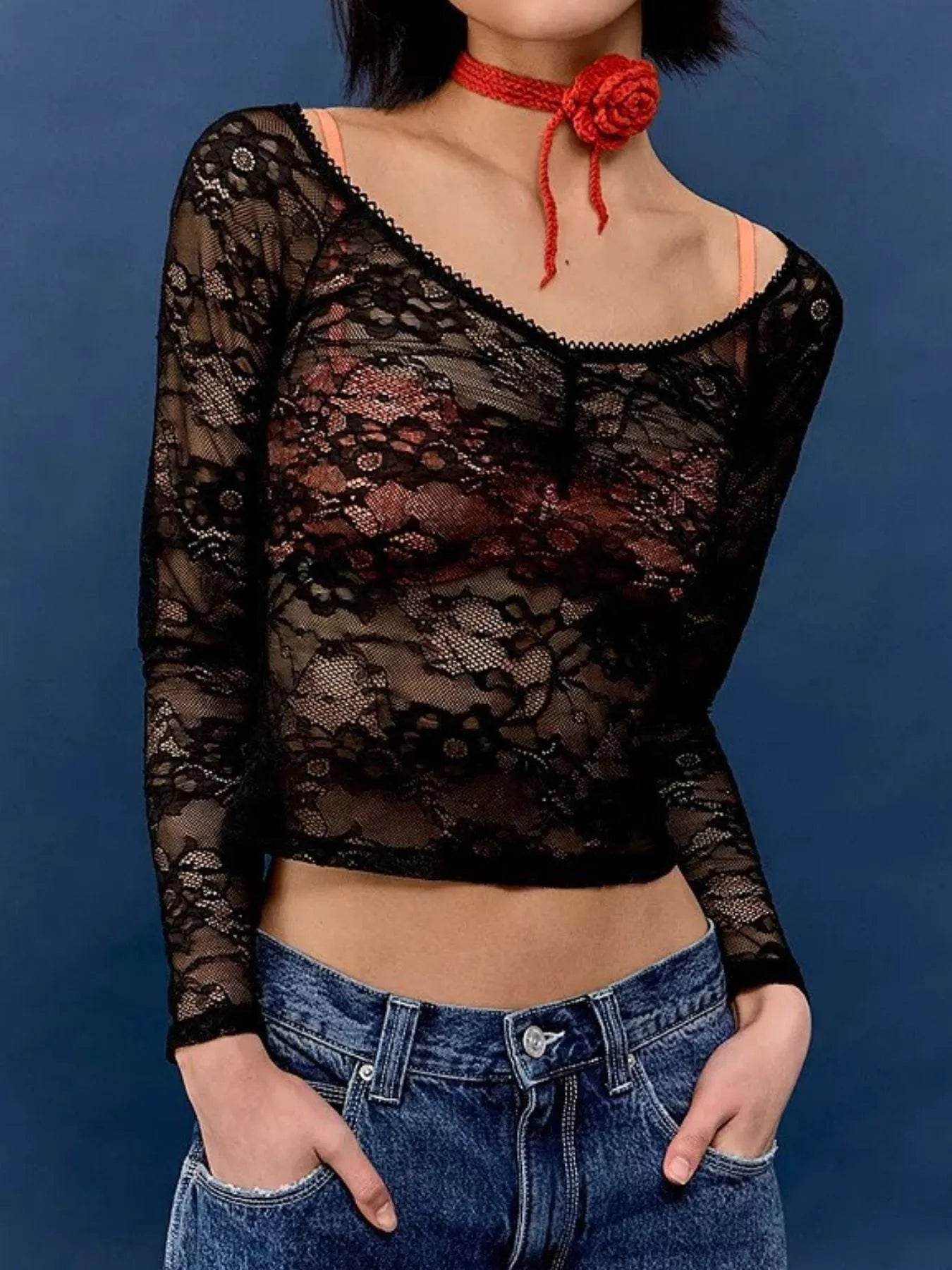 Lace Sheer Long Sleeve T-Shirt for Women - Slightly Stretchy 100% Polyester - Store 42
