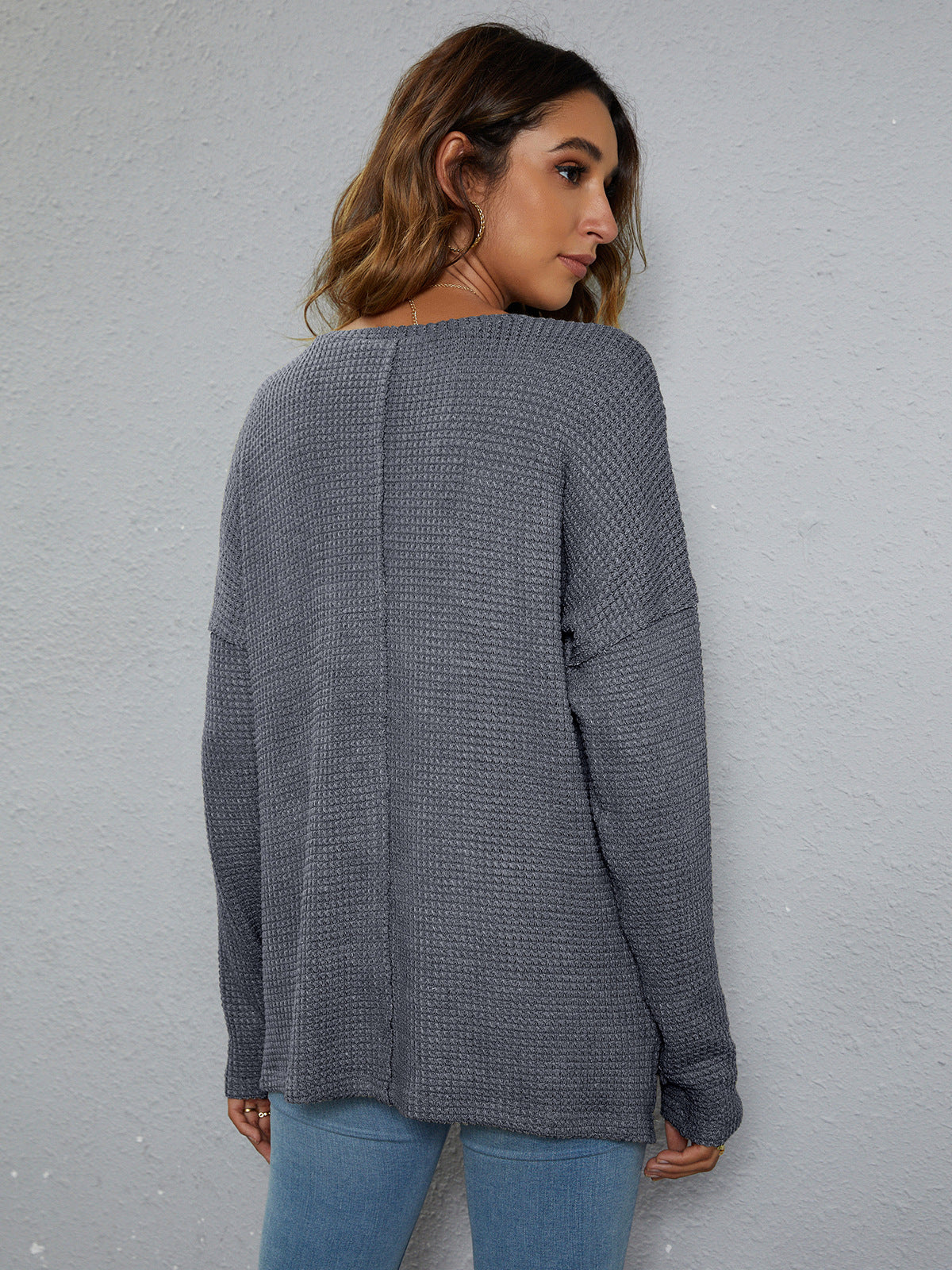Casual V-Neck Dropped Shoulder High-Low Waffle-Knit Top for Comfortable Everyday Style