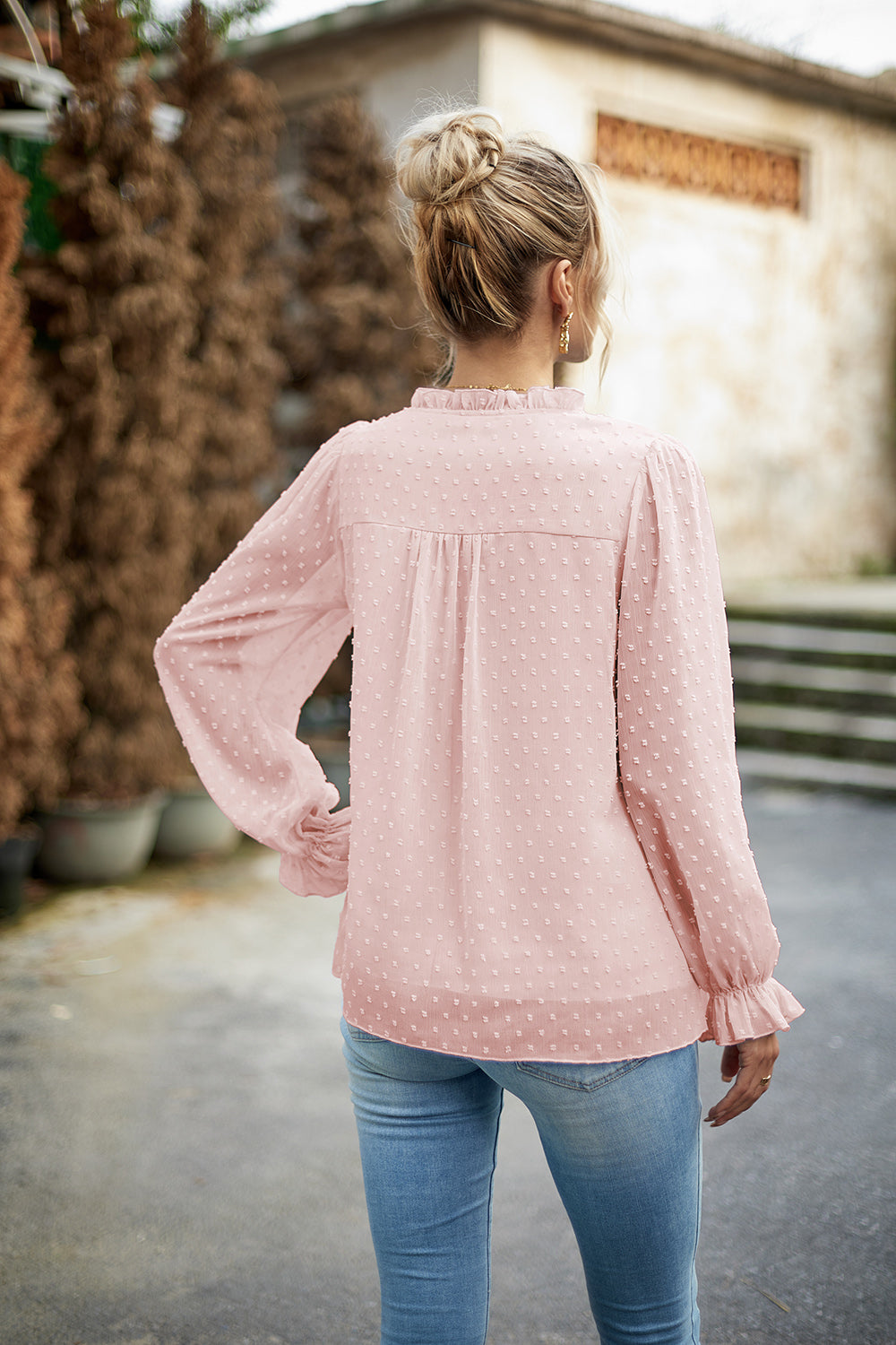 Trendy Devine Swiss Dot Blouse with Smocked Shoulders and Tied Detail - Opaque, Slightly Stretchy Design