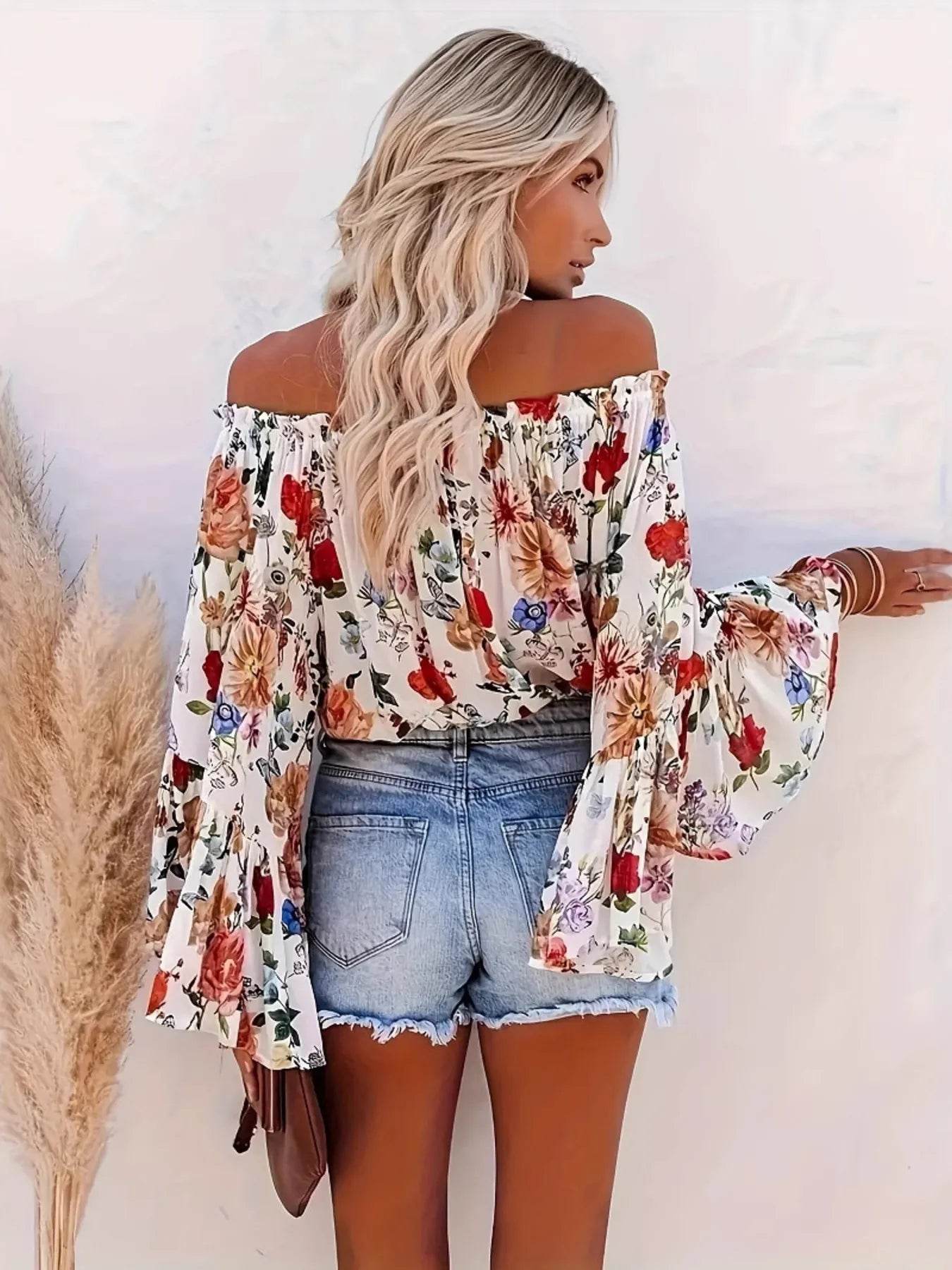 Full Size Floral Off-Shoulder Bell Sleeve Blouse Plus Size - Store 42