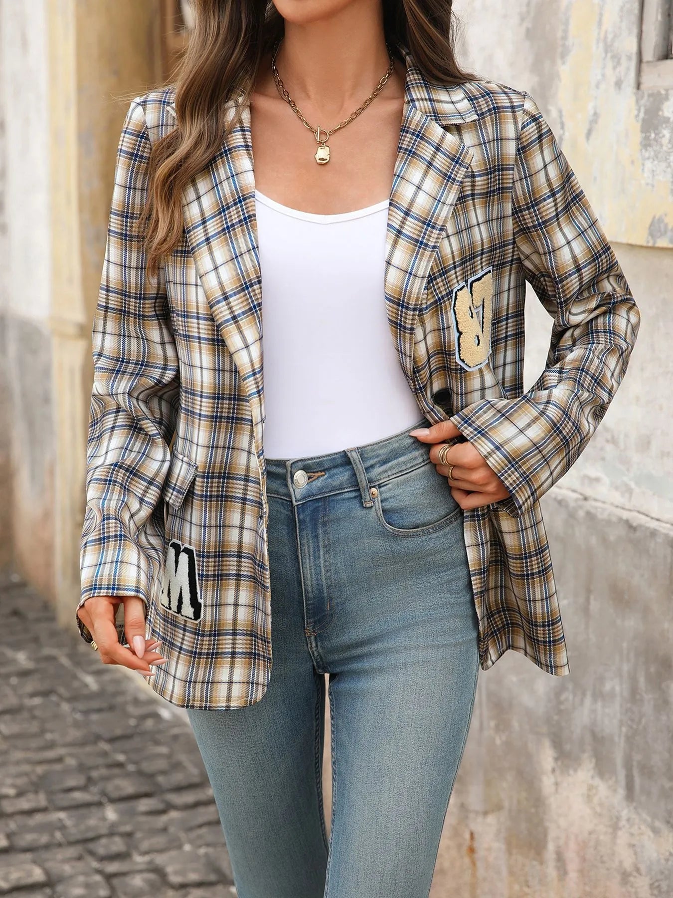 Trend-Setting Number 87 Plaid Long Sleeve Blazer with Buttoned Pockets, Perfect for Every Occasion