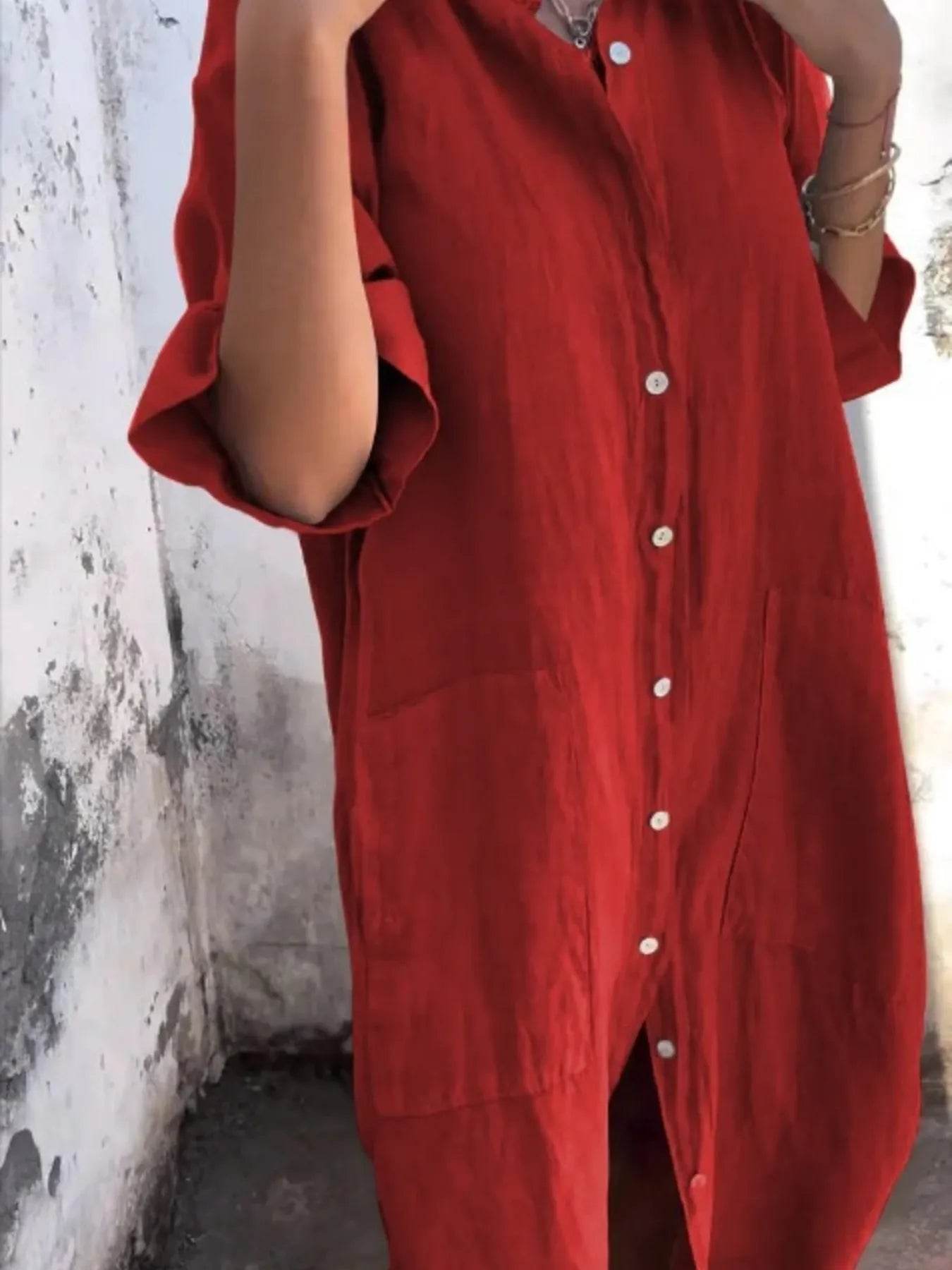Full Size Casual Linen Button-Down Shirt Dress Plus Size - Store 42