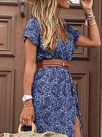 Full Size Printed V-Neck Short Sleeve Maxi Dress Plus Size - Store 42