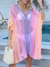 Openwork Contrast V-Neck Cover-Up Red-Violet One Size