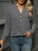 Striped Henley T-Shirt with Button Detail Dark Gray