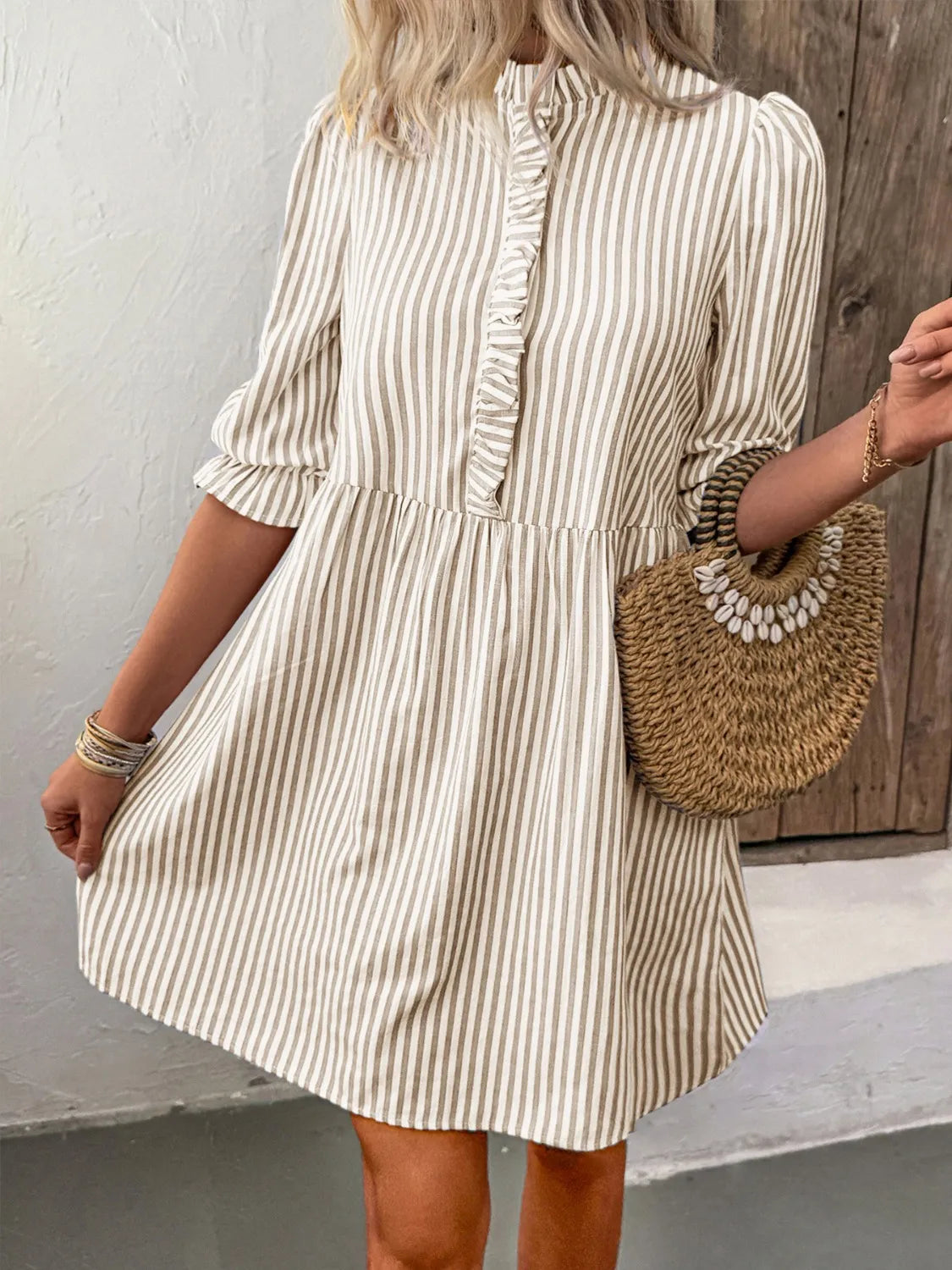 Trendy Striped Half Sleeve Dress with Buttoned Frill - Not Lined, 50% Viscose, 50% Polyester