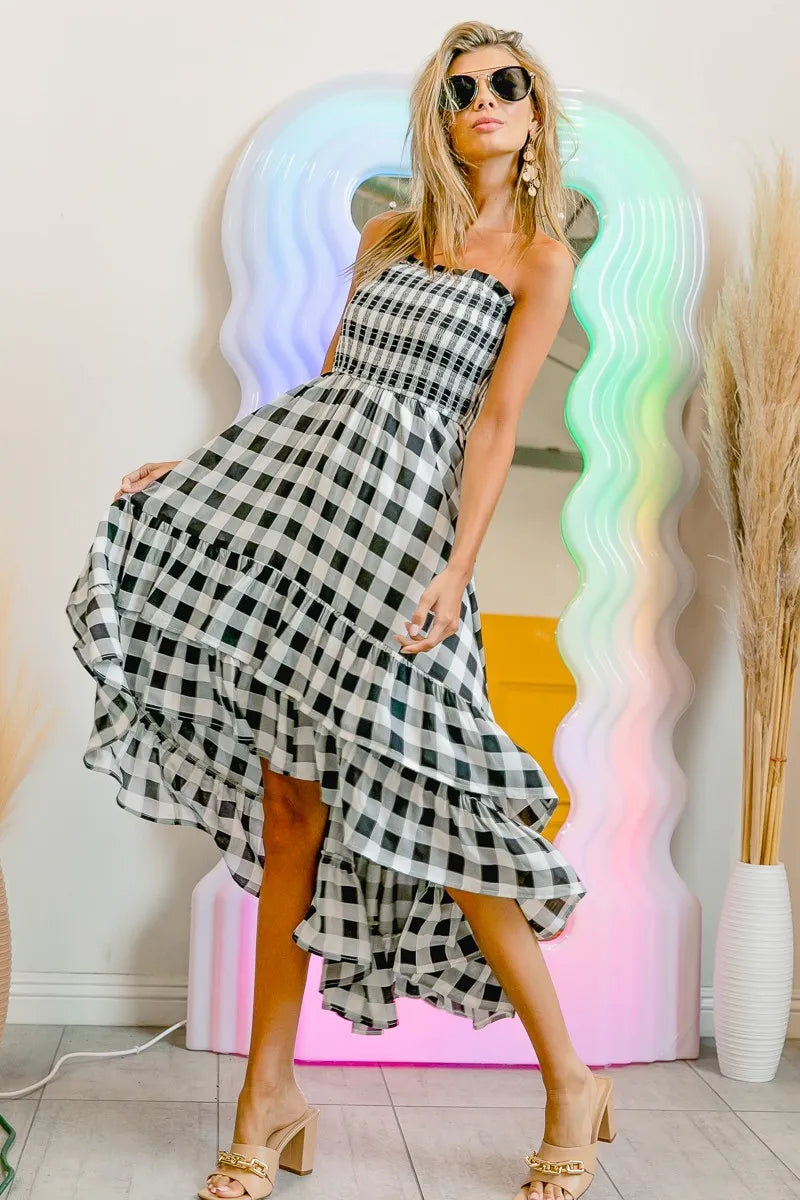 BiBi Chic Off Shoulder Smocked Body Check Dress - High-Low Style, Versatile Fashion