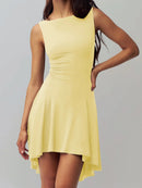 High-Low Round Neck Sleeveless Dress Light Yellow