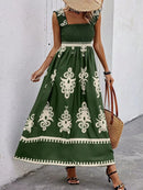 Smocked Printed Wide Strap Maxi Dress Dark Green