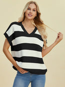 Double Take Full Size Striped V-Neck Short Sleeve Sweater Black