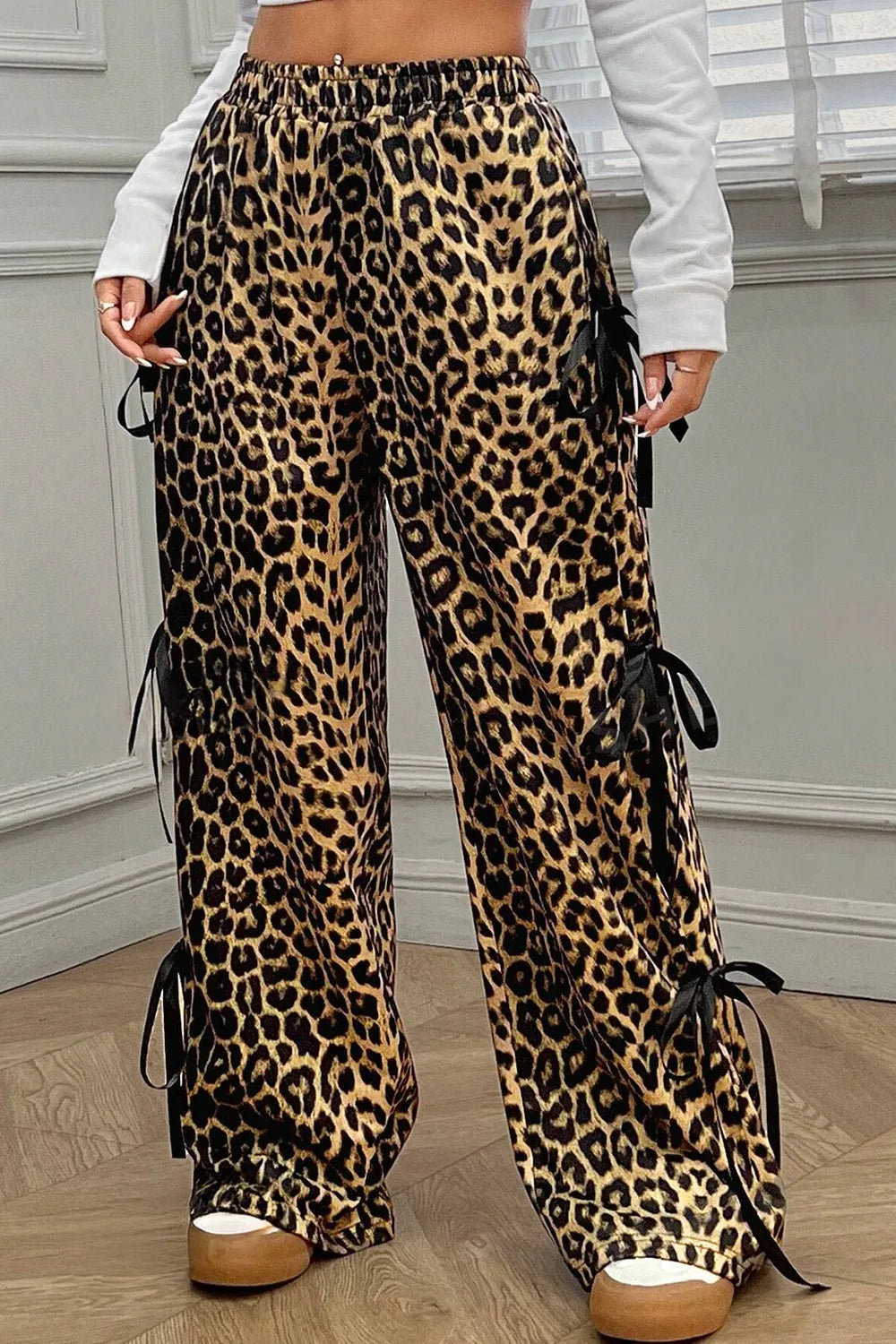 Trendy Leopard Print Bow Tie Elastic Waist Pants for Women - Opaque Fabric, Casual Chic Style