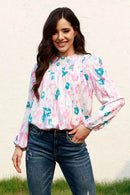 Elegant Floral Smocked Balloon Sleeve Blouse with Round Neck - 100% Polyester, Opaque - Store 42