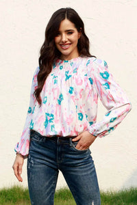 Elegant Floral Smocked Balloon Sleeve Blouse with Round Neck - 100% Polyester, Opaque - Store 42