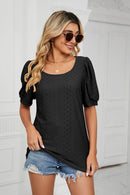 Trendsi Eyelet Puff Sleeve Top - Casual Solid Round Neck Design for Stylish Comfort - Store 42