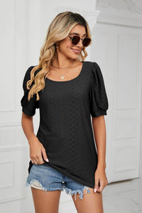 Trendsi Eyelet Puff Sleeve Top - Casual Solid Round Neck Design for Stylish Comfort - Store 42