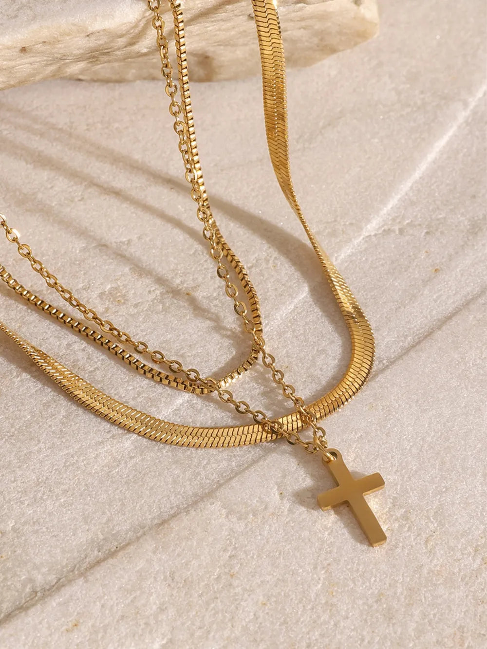 18K Gold-Plated Three-Layered Cross Necklace - Stainless Steel, Adjustable 17.7" Chain
