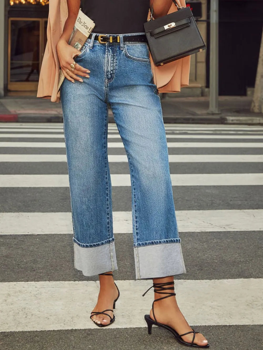 Trendsi High Waisted Straight Leg Rolled Jeans with Pockets - Slightly Stretchy Comfort Fit