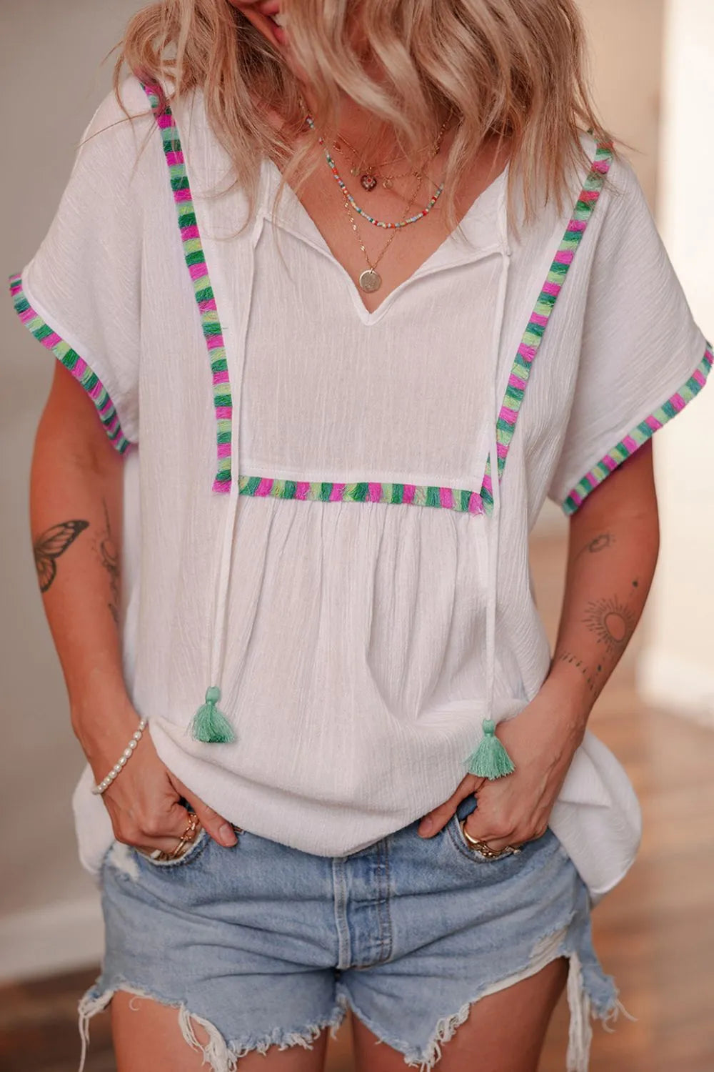 Sheer Tassel Tie Neck Blouse - Short Sleeve, 100% Polyester, Machine Washable, Chic Style
