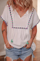 Tassel Tie Neck Short Sleeve Blouse White