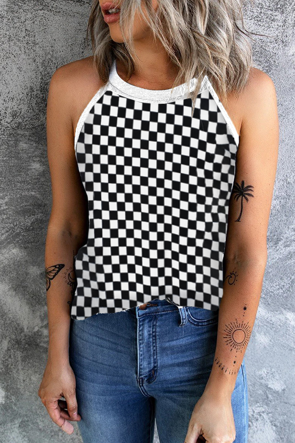 Grecian Neck Checkered Tank Top for Women - Slightly Stretchy, Opaque Fabric, Trendy Style