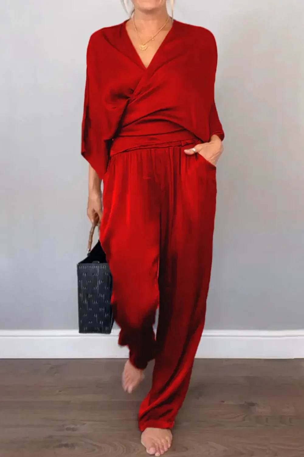 Full Size Wrap Surplice Top and Pants Set Plus Size - Store 42