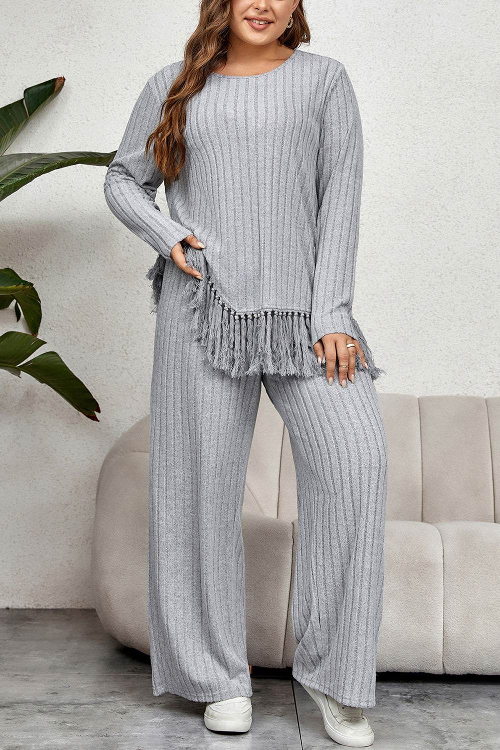 Honey Plus Size 2-Piece Tassel Hem Top & Pants Set - Slightly Stretchy & Stylish - Store 42