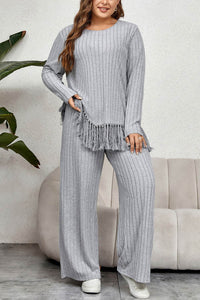 Honey Plus Size 2-Piece Tassel Hem Top & Pants Set - Slightly Stretchy & Stylish - Store 42