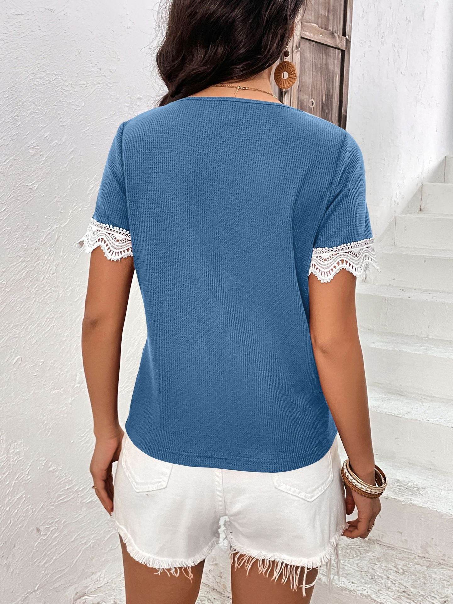 Ivy Lane Decorative Button Spliced Lace Short Sleeve Top - Store 42