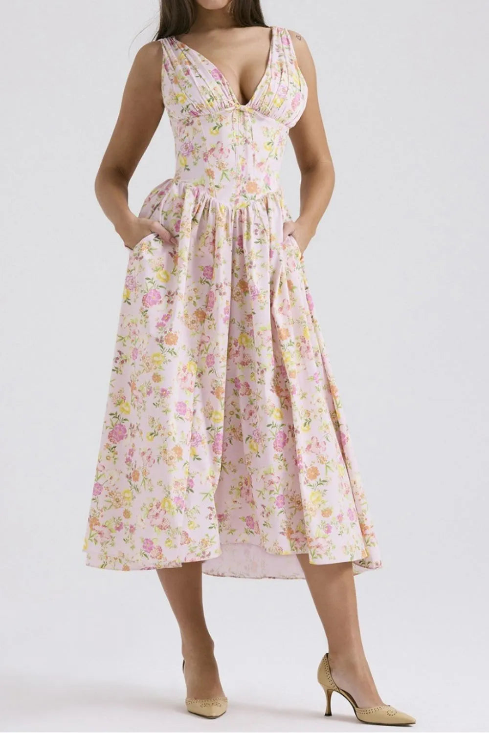 Floral V-Neck Sleeveless Midi Dress with Pockets Blush Pink