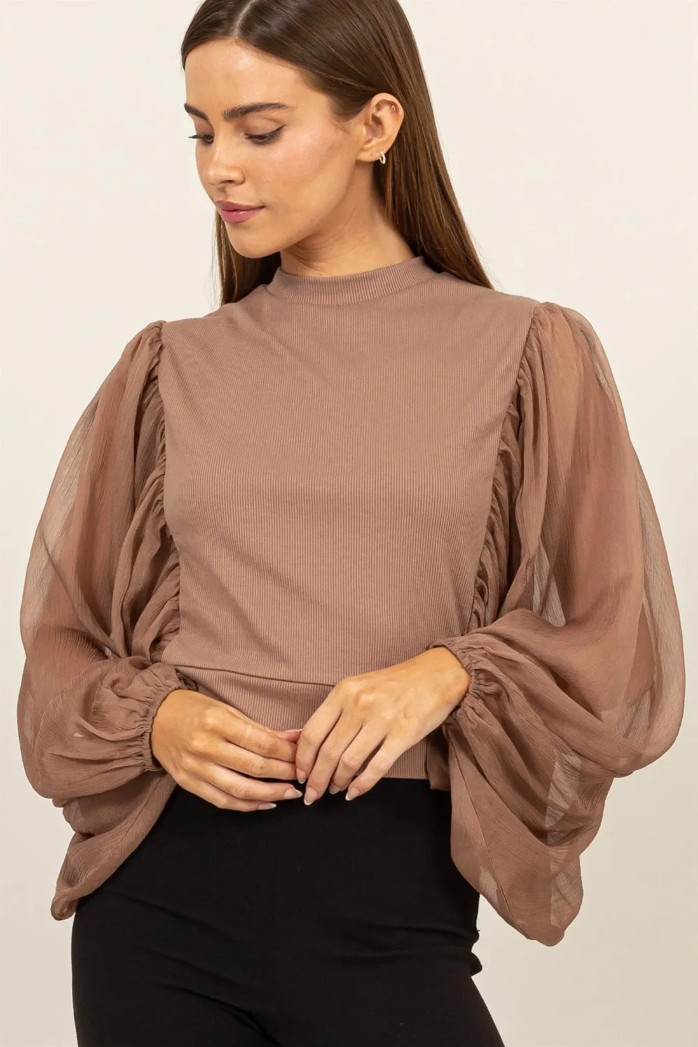 Elegant Ruched Sheer Long Sleeve Mock Neck Blouse with Back Button Closure by HYFVE