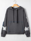 Star Patchwork Contrast Stitching Mineral Wash Kangaroo Pocket Hoodie