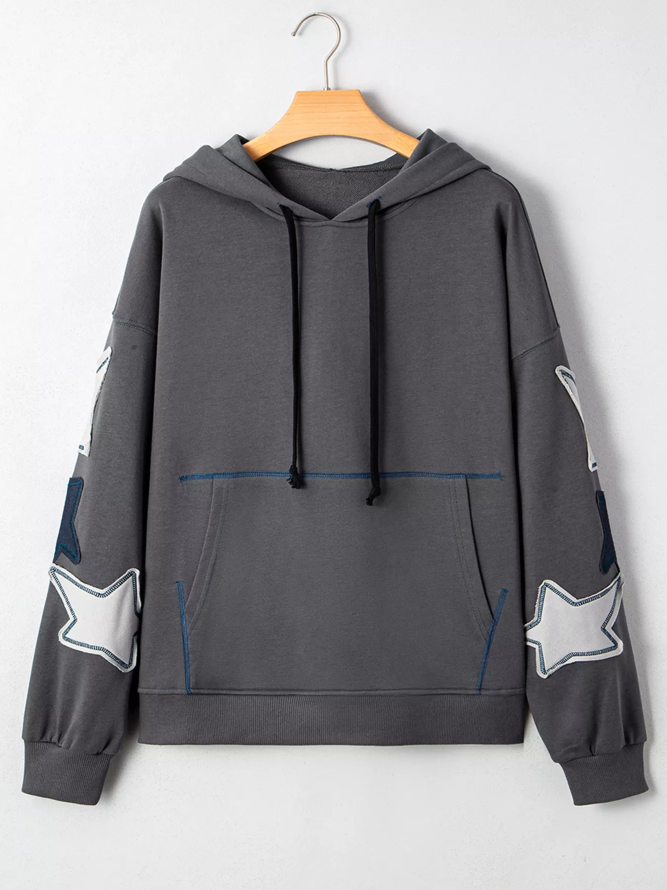 Star Patchwork Contrast Stitching Mineral Wash Kangaroo Pocket Hoodie