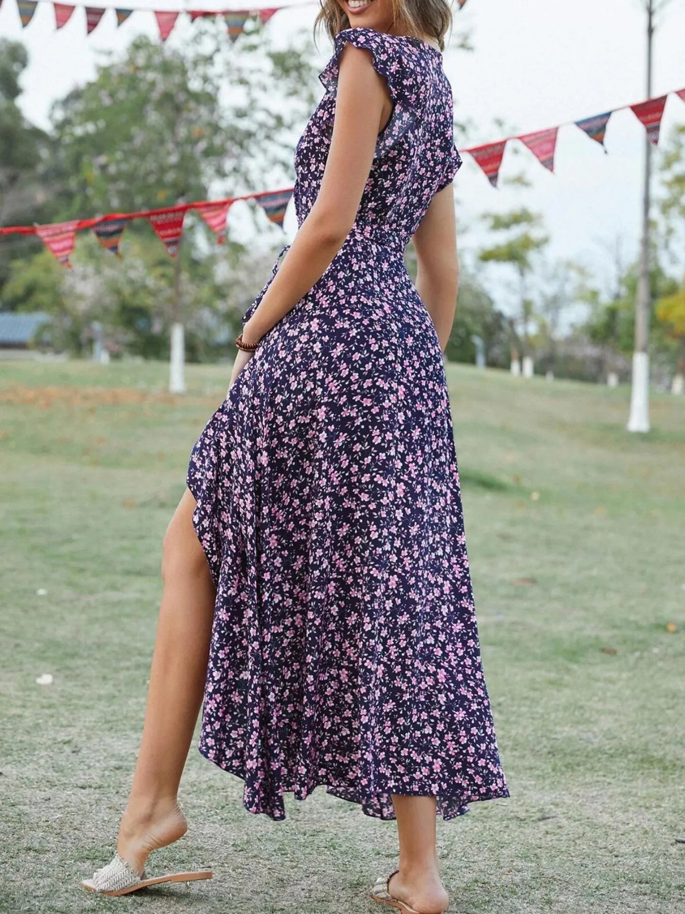 Printed Surplice Ruffle Sleeve Dress