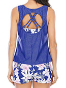 Cutout Printed Round Neck Three-Piece Swim Set Blue