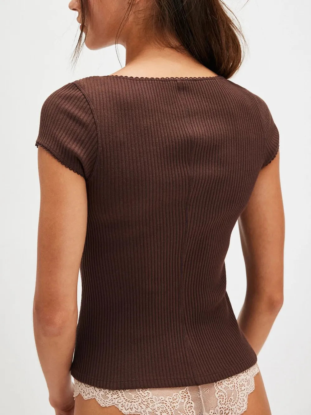 Trendsi Lovelet Opaque Round Neck Button Up Short Sleeve Top - Slightly Stretchy Rayon Blend
