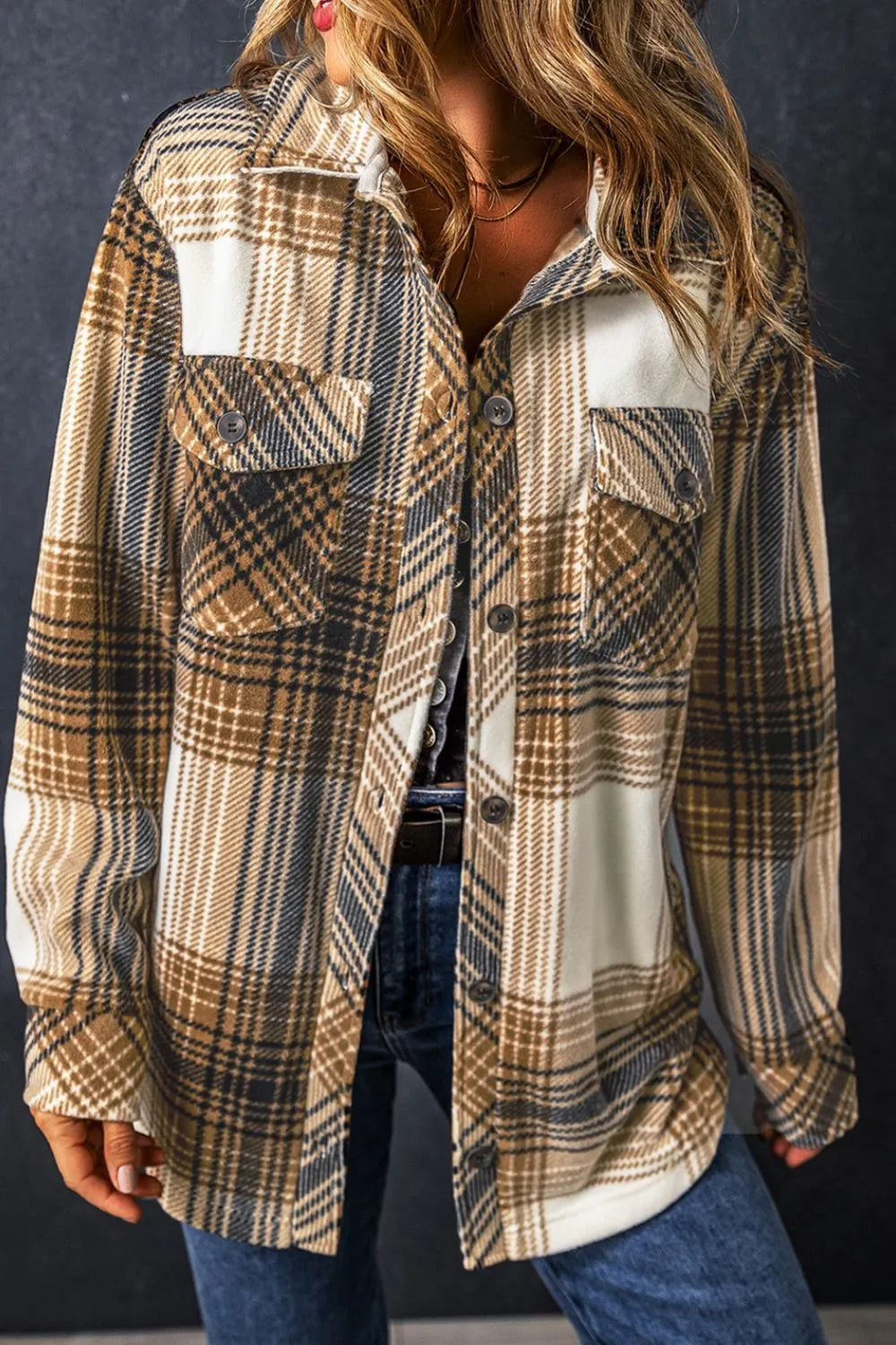 Plaid Button-Up Long Sleeve Shacket - 100% Polyester, Normal Thickness, Unlined Design