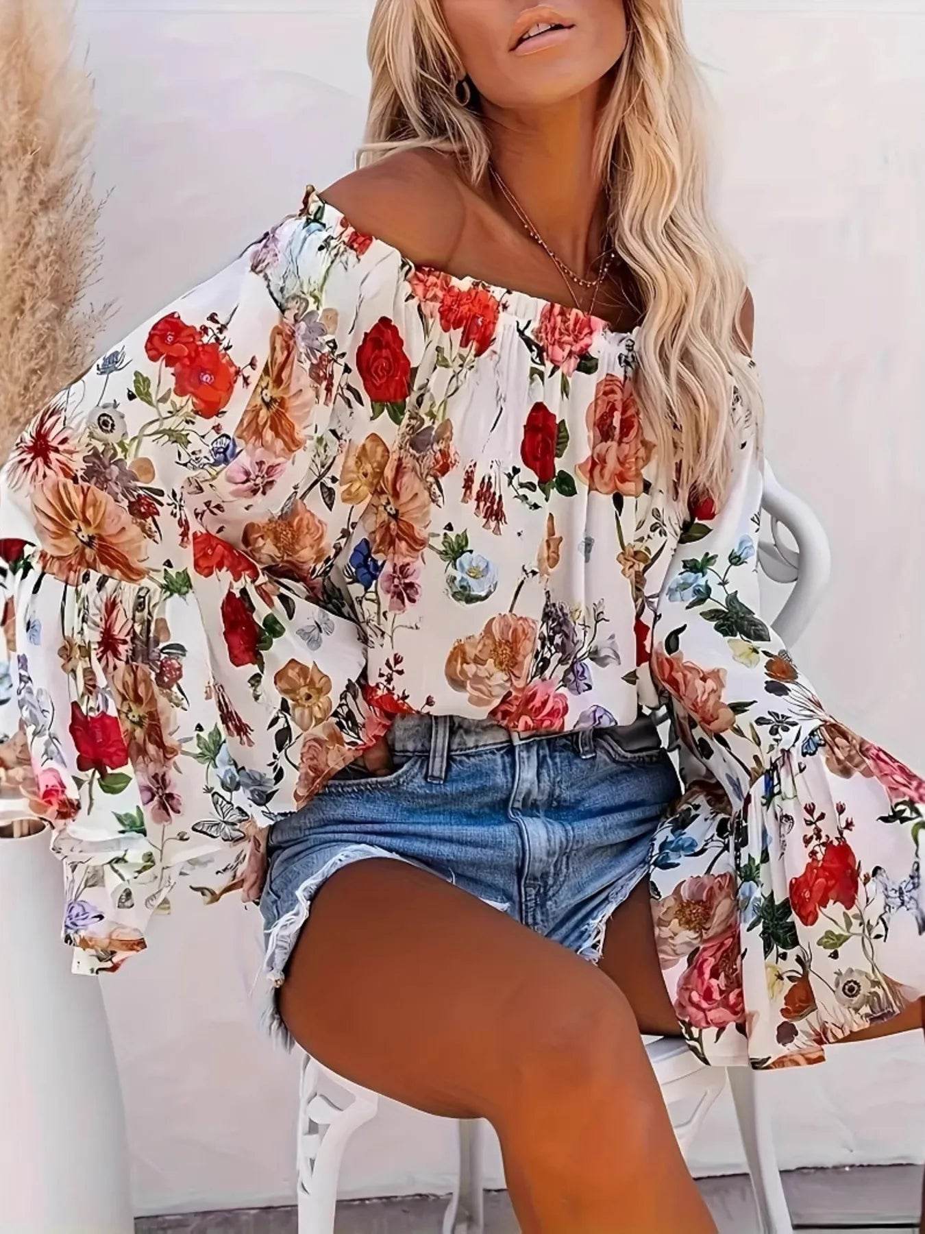 Full Size Floral Off-Shoulder Bell Sleeve Blouse Plus Size - Store 42