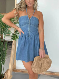 Full Size Lace Up Halter Neck Denim Dress Plus Size - Store 42