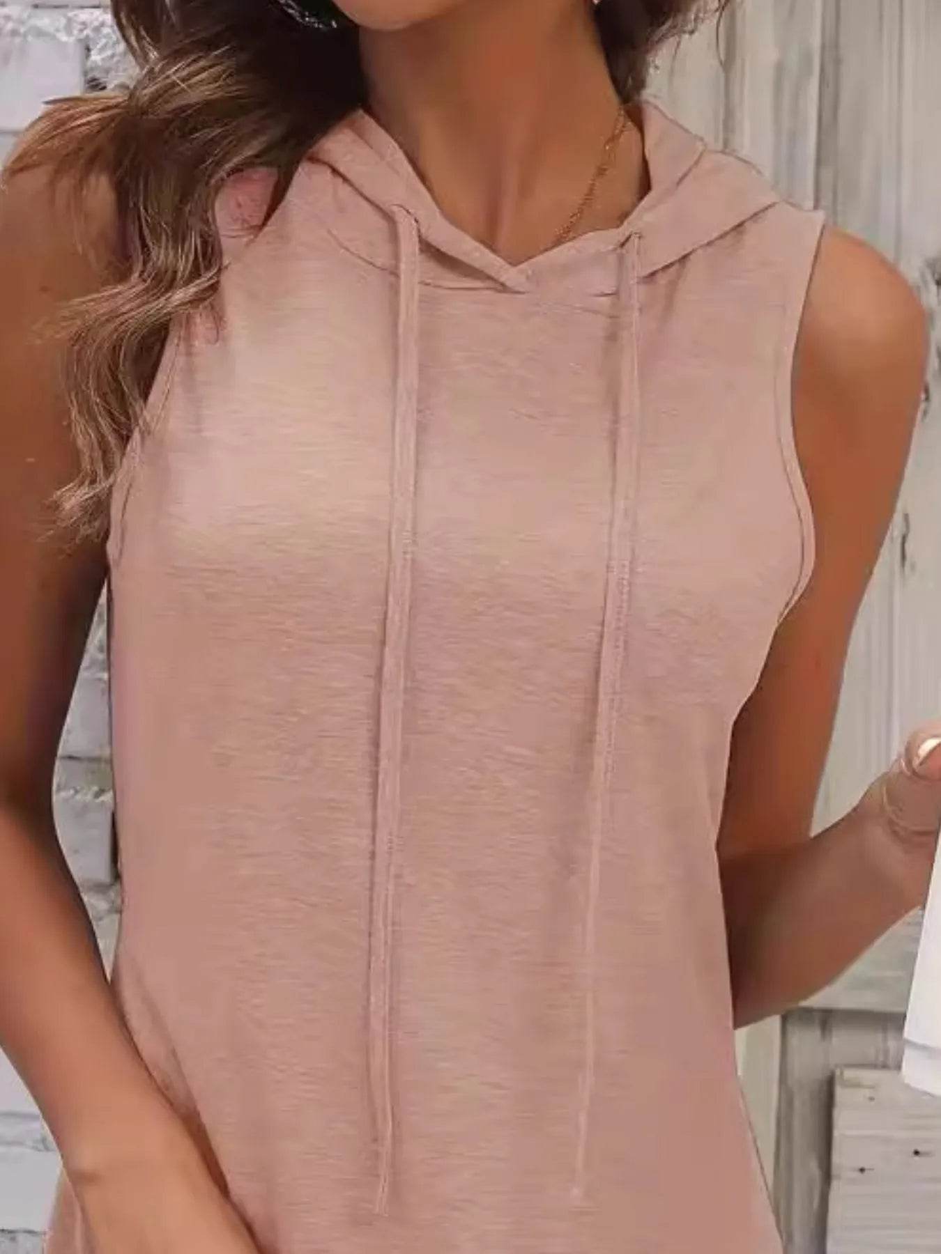 Full Size Drawstring Casual Sleeveless Hooded Mini Dress Plus Size - Store 42